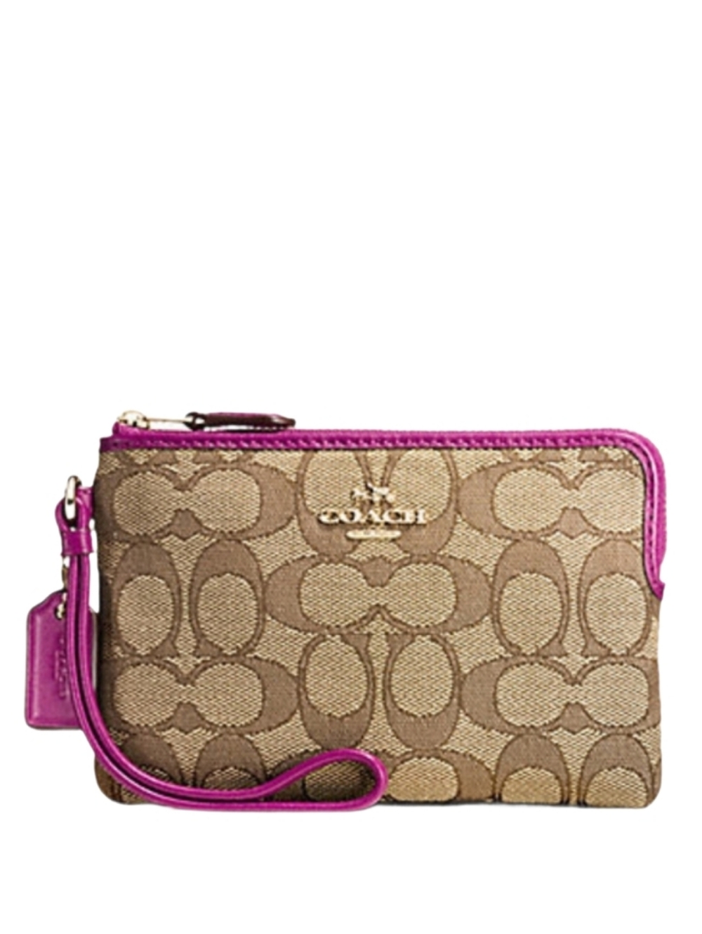 💗 Coach Khaki Fuchsia Lurex Signature Corner Zip Wallet Wristlet